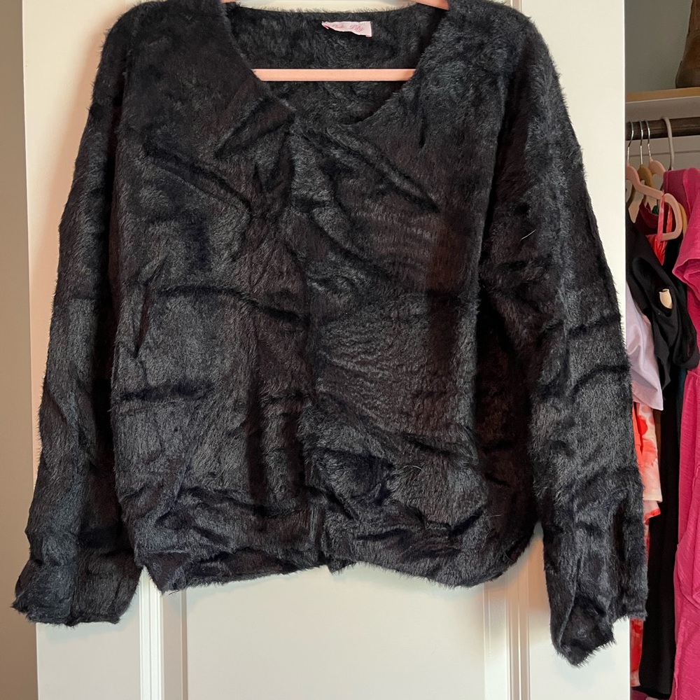 Pink Lily Black Fuzzy Sweater